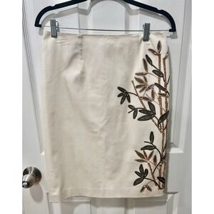 Worth New York  Cream White  Bamboo Motif  Lined Skirt  Sz 4 Knee Length Upscale